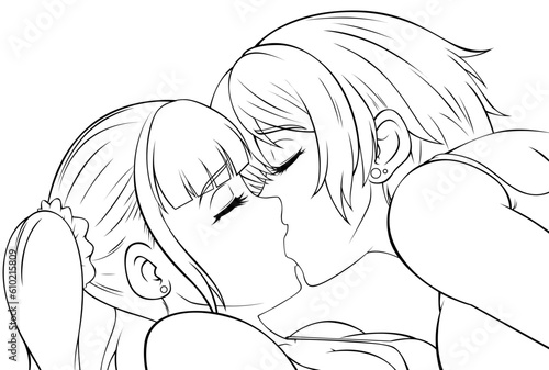 Girl Kissing Girl Line Art