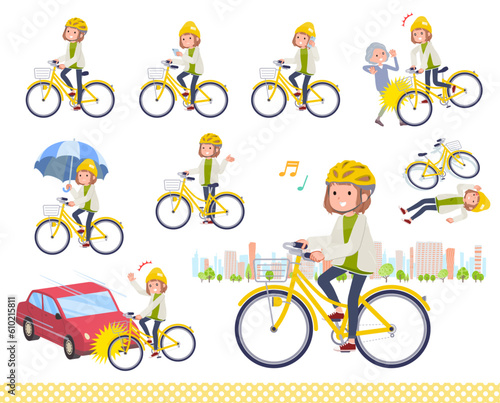 シティサイクルに乗ったカジュアルファッション女性のセット