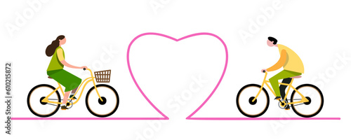 A young man and a woman riding bicycles meet on Valentine's Day. Flat vector design illustration