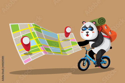 A young panda tourist rides a bicycle touring the city using maps and GPS navigation