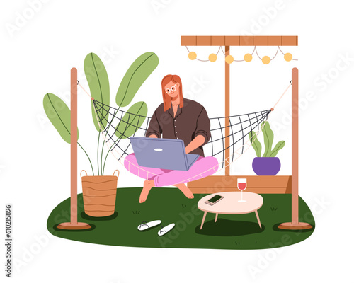 Woman freelancer sitting on hammock, works online with laptop computer. Remote freelance worker working in internet in nature, outdoors in summer. Flat vector illustration isolated on white background