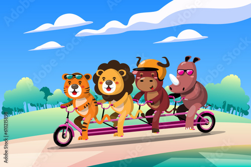 4 types of animals tiger  lion  bull  rhinoceros. Ride a bicycle to see the scenery.