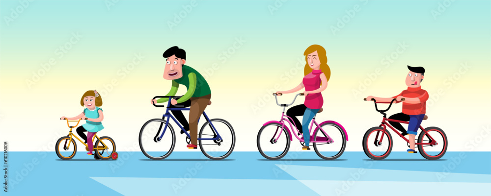 Obraz premium Happy family riding bicycle together. Mother and father with kids outdoor enjoying in bike driving.