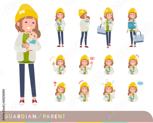 赤ちゃんの保護・世話をするカジュアルファッション女性のセット