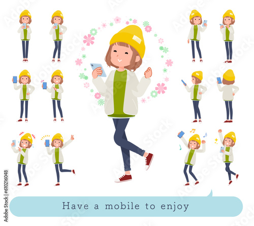 スマホを使って楽しむカジュアルファッション女性のセット