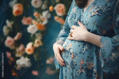 Closeup fictional pregnant woman, created with AI tools