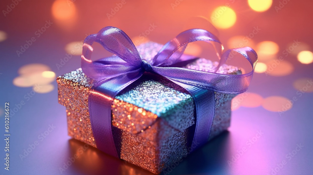 Elegant and decorative AI gift box against a blurry bokeh party background Elegant and decorative AI gift box against a blurry bokeh party background