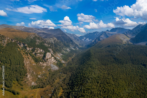Aerial top view Summer Landscape beautiful forest mountains Altai