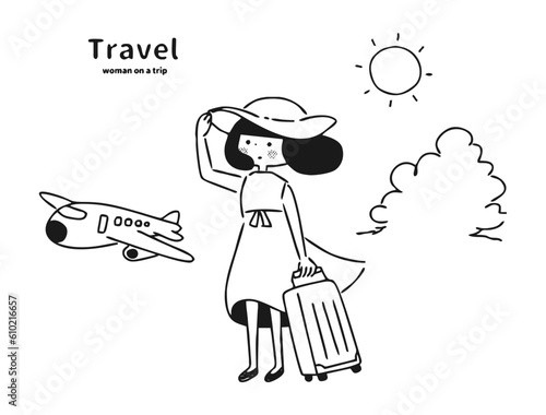 旅行に行く女性のシンプルでおしゃれなモノクロイラスト