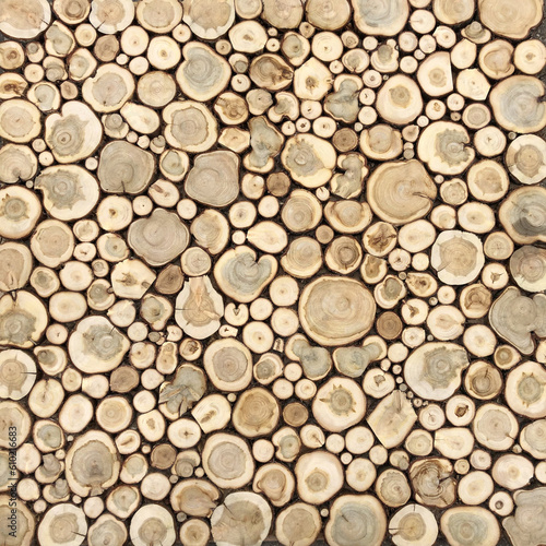Tree stumps background. Cutting tree trunks placed together for interior decorate. Decoration of cutting tree