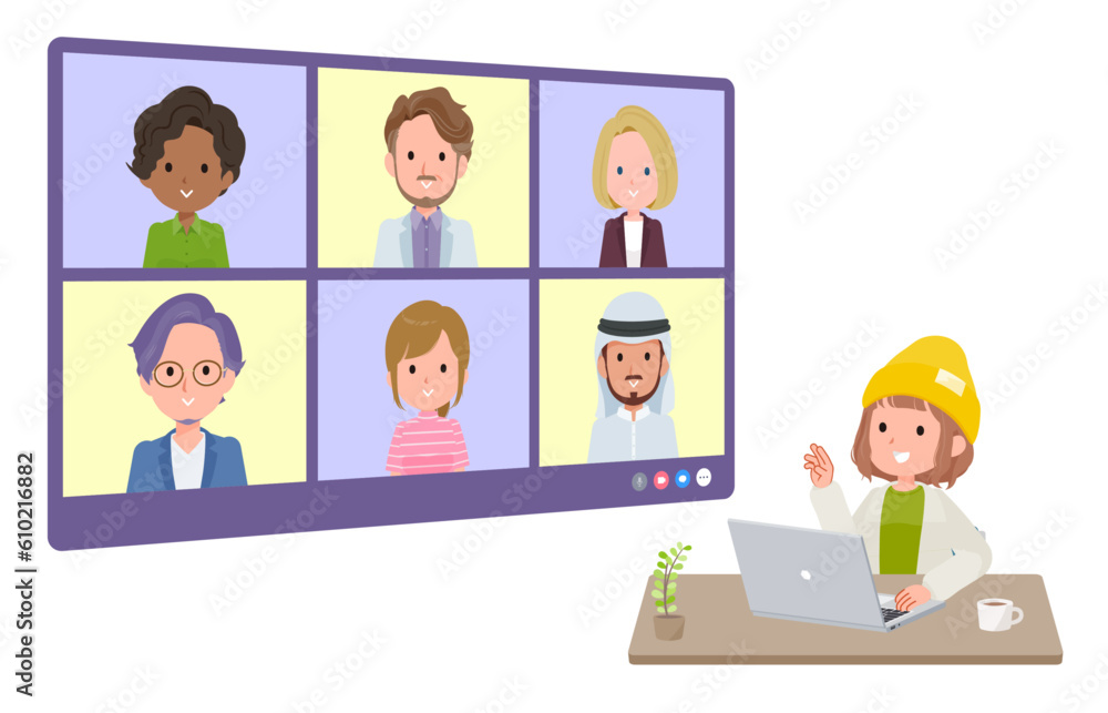 複数人でオンライン会議をしているカジュアルファッション女性のセット。奥行きアングル