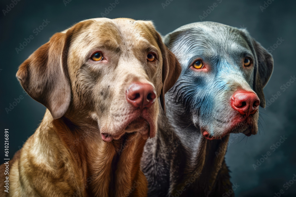 Portrait of two dogs, closeup, isolated on dark background. animals friendship. generative AI