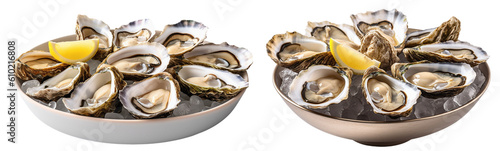 Fotografiet Two different bowls with fresh open oysters on ice and a slice of lemon on a tra