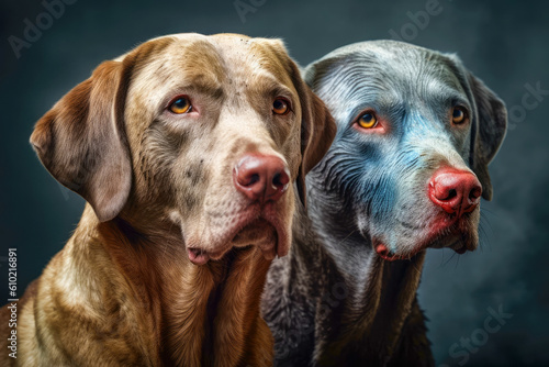 Portrait of two dogs, closeup, isolated on dark background. animals friendship. generative AI