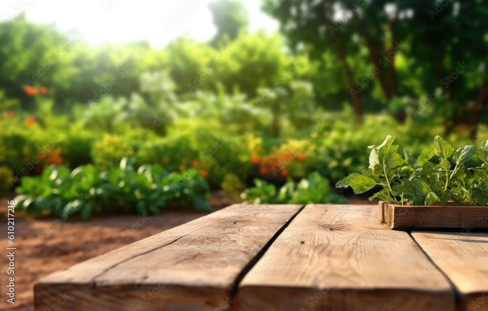 Empty wooden table on the background of farmer's fields, vegetable garden with harvest. Ready for product display montages.Generative AI Empty wooden table on the background of farmer's fields, vegetable garden with harvest. Ready for product display montages.Generative AI