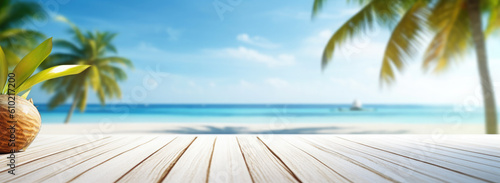 Empty wooden table top against blurred sea and sky and palm trees.Tropical background. The background can be used for mounting or displaying your products. Banner.Generative AI © syhin_stas