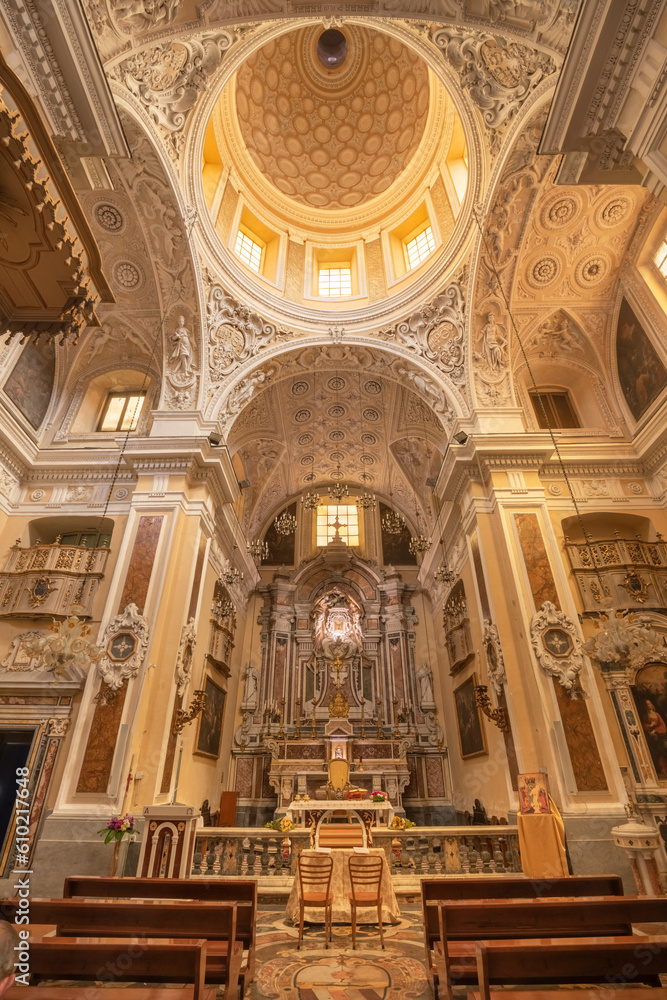 NAPLES, ITALY - APRIL 20, 2023: The nave of baroque church Chiesa di Santa Maria in Portico a Chiaia.