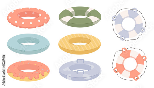 Summer pool rubber ring set. Set of swim rings on white background. Inflatable rubber toy for water and beach. Colorful lifebuoy for swimming in various prints. Vector stock illustration.