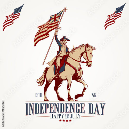Independence Day, Happy 4th July mascot logo illustration. a man ride horse and holding an american flag.