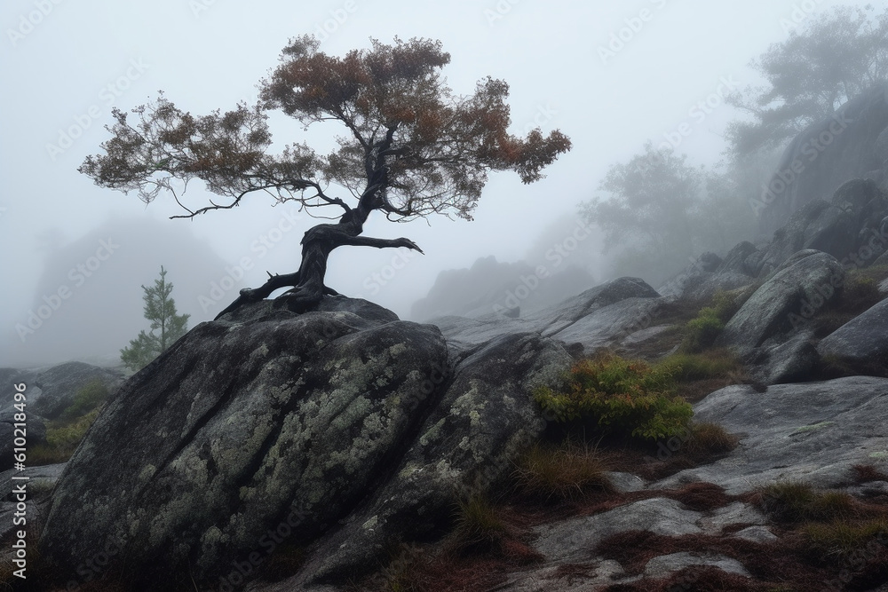 a lonely tree growing on a rock in the fog, generative AI a lonely tree growing on a rock in the fog, generative AI