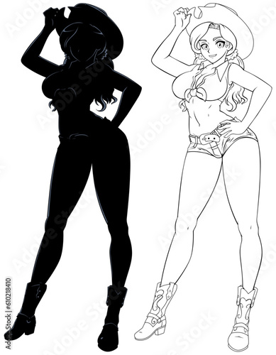 Manga Cowgirl Line Art and Silhouette