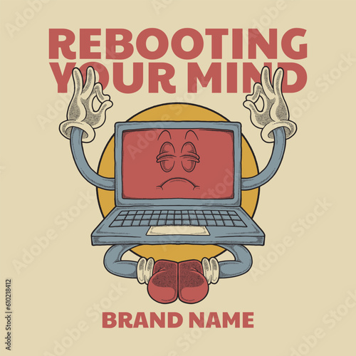 retro cartoon meditating laptop mascot