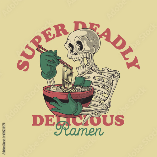 retro cartoon skeleteon mascot eat ramen 