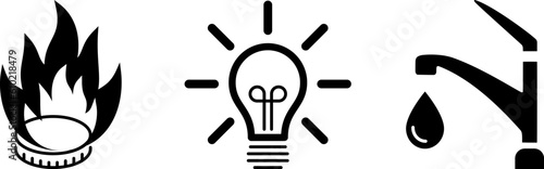 Set of utility bills payment icons as Electricity, Gasification and Water supply symbols