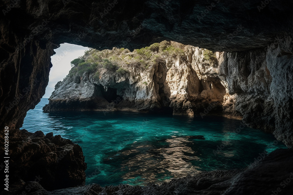 the bay in a cave with beautiful blue water, secret places, Generative AI
