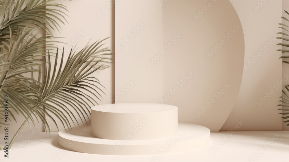 Abstract empty white podium with palm leaves on beige Generative AI Abstract empty white podium with palm leaves on beige Generative AI