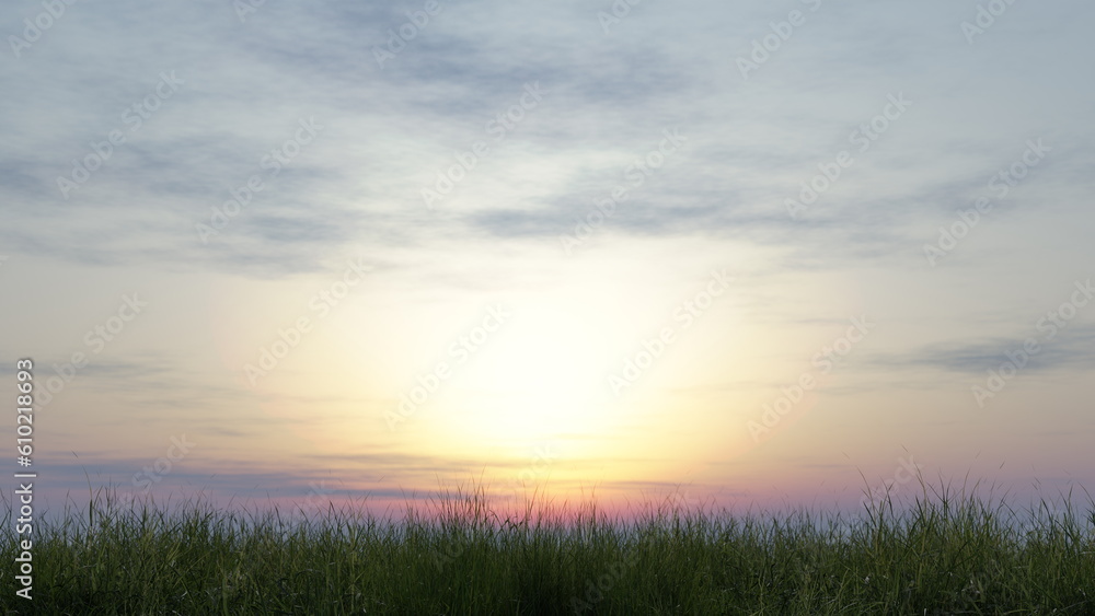 Obraz premium Dawn sunrise in the field, morning in the valley, the sun in the morning haze, rural landscape. 3d render