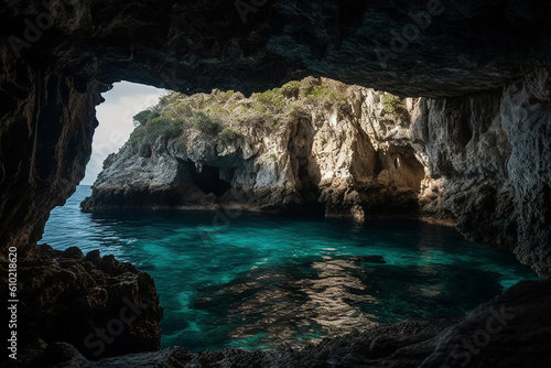 the bay in a cave with beautiful blue water, secret places, Generative AI