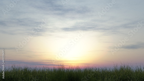 Dawn sunrise in the field, morning in the valley, the sun in the morning haze, rural landscape. 3d render