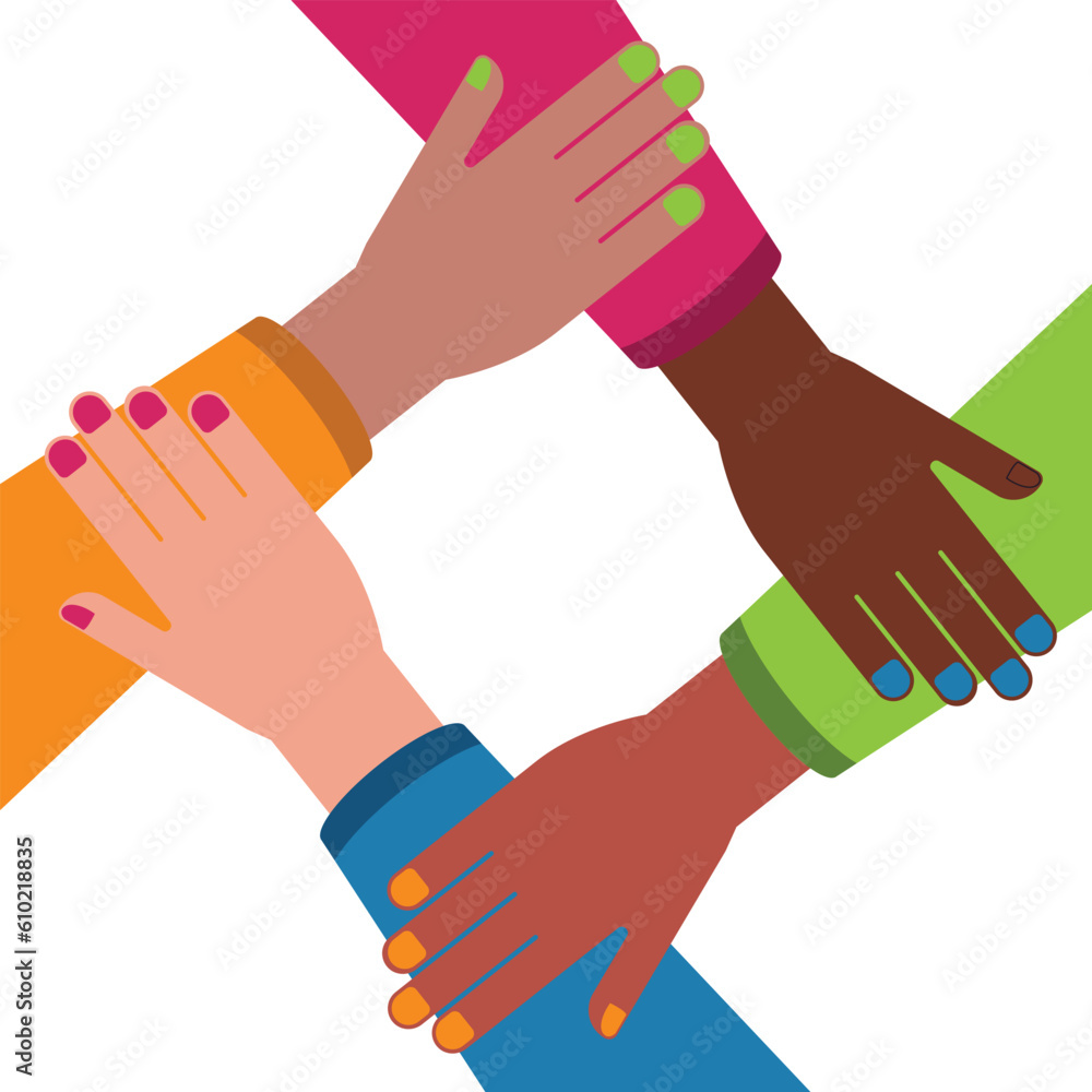 Women hands holding hands. Multicultural hands holding hand. Flat Cartoon Vector Illustration Women hands holding hands. Multicultural hands holding hand. Flat Cartoon Vector Illustration
