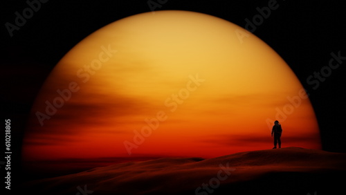 Lonely astronaut looks at sunset on deserted planet. Contrasting Martian Landscape. Cosmonaut on background of large yellow red orange sun on the horizon. 3d render