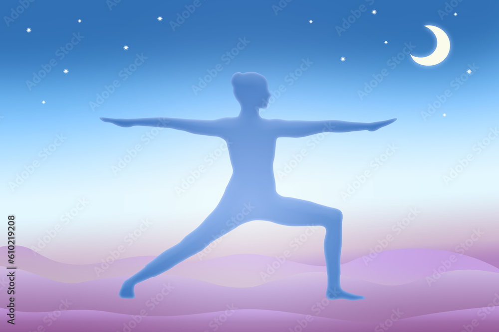 Naklejka premium 月夜にヨガの戦士のポーズをする人のシルエットのイラスト