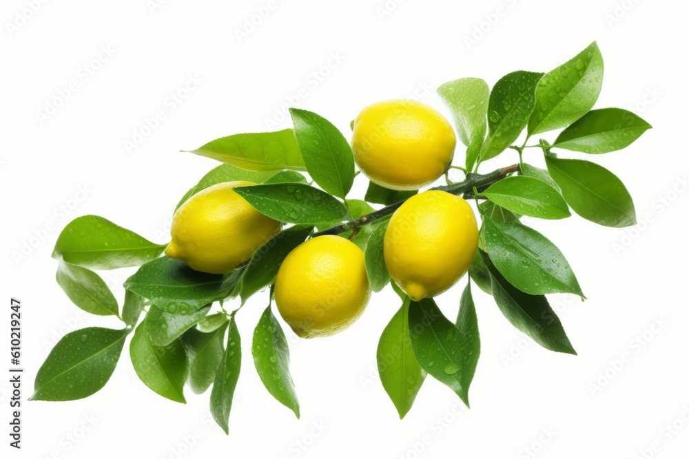 lemons tree branch with green leaves nature on air white background generative Ai