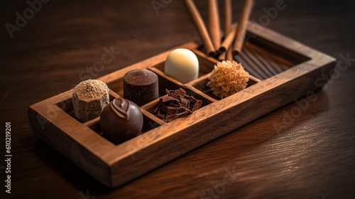 Wooden tray with small chocolates