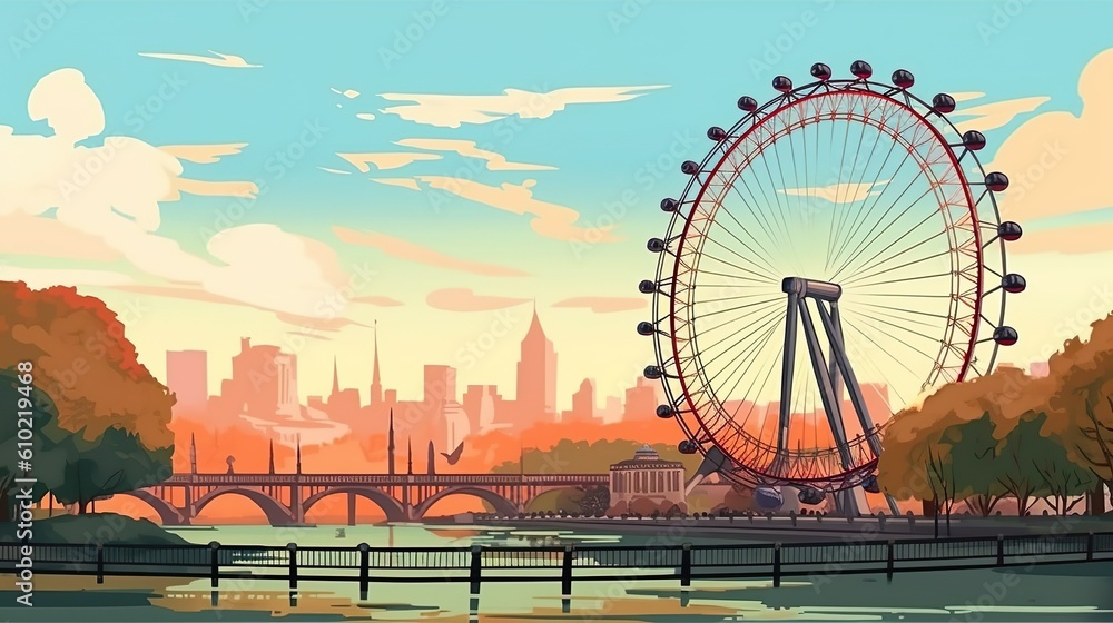 Background London. Captivating illustration of the London Eye, bringing the spirit of London to life in all artworks. Generative AI. - obrazy, fototapety, plakaty 