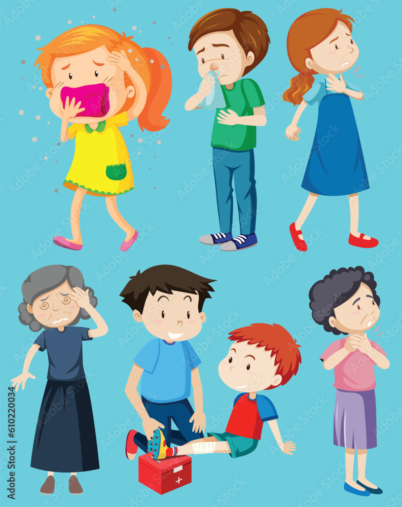 Set of sick people with different symptoms vectors Set of sick people with different symptoms vectors