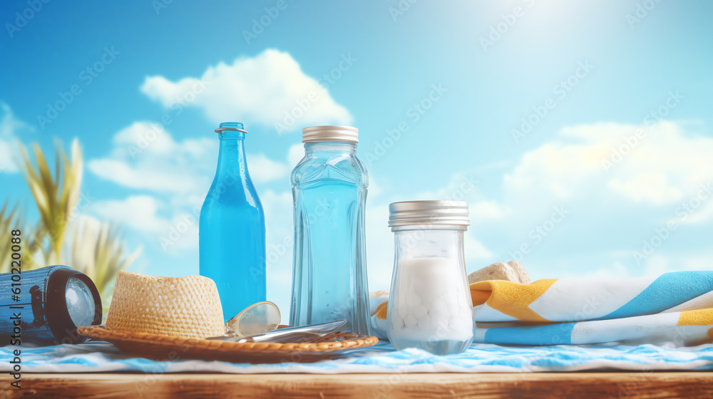 Obraz premium summer item and bottle in table under blue summer sky ai generative