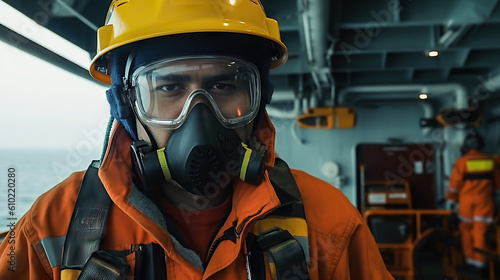 Portrait of a male worker wearing a safety vest and gas mask on a ship. Generative AI. photo