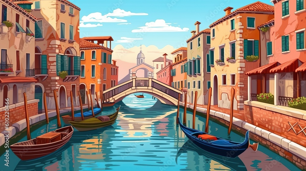 Abstract background Venetian canals. A banner design featuring a skillfully crafted illustration of Venetian canals against a background, evoking a sense of romance and beauty. Generative AI.