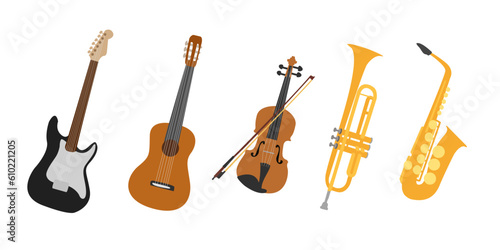 Set of musical instruments  guitar  electric guitar  violin  saxophone  musical trumpet. Concept for advertising and design of music festivals  rock  pop  and classical music. Vector illustration
