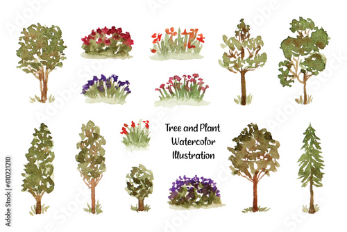 Cute Tree, Grass, and Lawn Watercolor Collection