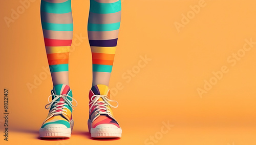 Creative trend, legs in colorful sneakers and socks in pop art style, bright color background with copy space. Generated AI