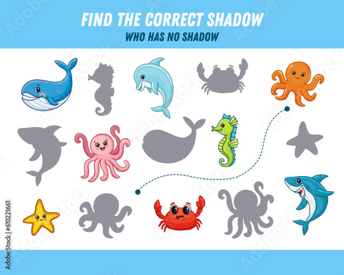 Find correct shadow of sea animals. Shark, crab, octopus,sea horse, starfish, whale, dolphin. Educational logical game for kids. Cartoon animals. Vector © Alina