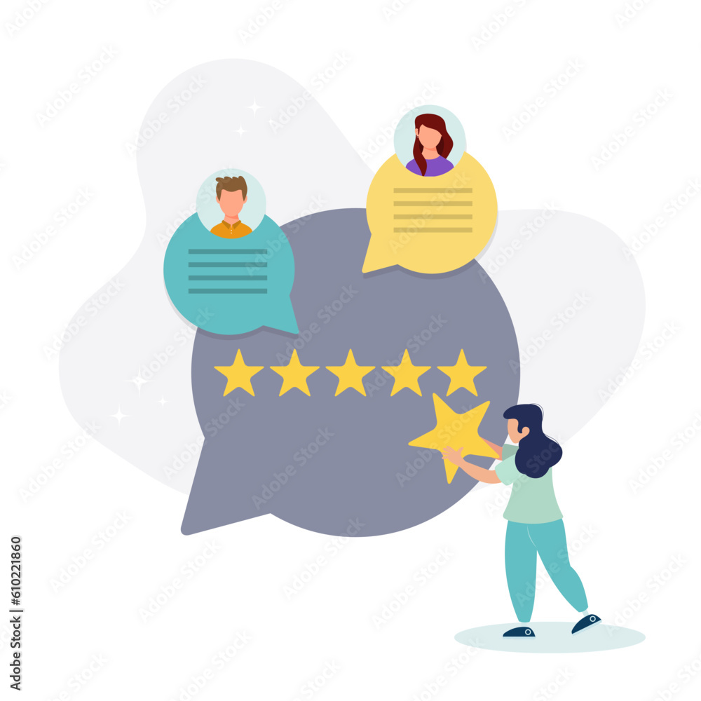 Feedback and review concept. A character who gives positive feedback to the support team. Rating scale and customer satisfaction concept. Vector illustration.
Feedback and review concept. A character who gives positive feedback to the support team. Rating scale and customer satisfaction concept. Vector illustration.