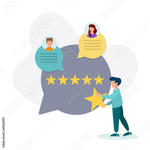 Feedback and review concept. A character who gives positive feedback to the support team. Rating scale and customer satisfaction concept. Vector illustration.
