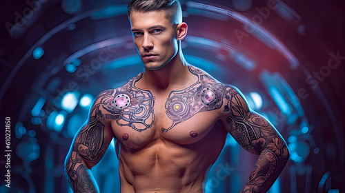 Attractive young man with cyborg modifications on skin as tattoo. Fictitious person made by Generative AI.